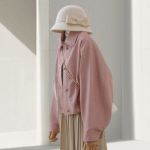 สีชมพูสั้น ปกเสื้อ Pu เสื้อแจ็คเก็ตหนัง ผู้หญิง หลวม Fit Biker เสื้อโค้ท หวาน สไตล์อ่อนเยาว์ฤดูใบไม้ร่วงมาใหม่แฟชั่นแจ๊กเก็ต