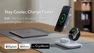 ESR 15W 3-in-1 Charger Stand for Wireless Charger with MagSafe + CryoBoost Made for Apple-Certified MagSafe Wireless Charger 15W Charging Station for iPhone 18/17/16/15/14/13 Apple Watch/AirPods Pro Phone-Cooling Charger