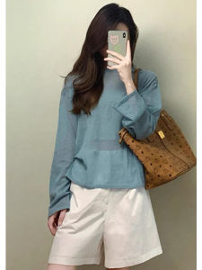 YUEZHONGWEI | เสื้อยืดแขนยาวผ้าไหมน้ำแข็งสีฟ้า ทรงหลวม บาง โปร่ง ป้องกันแสงแดด สำหรับผู้หญิงในช่วงฤดูร้อน เสื้อตัวบนแบบระบายอากาศได้ดี