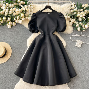 French Elegant round Neck Bubble Sleeve Waist Cinched Dress Women Summer Slimming High End Feeling Full Skirted Puffy Gown Long Dress