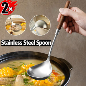 2Pcs Stainless Steel Thickening Soup Spoon Long Wood Handle Hot Pot Spoon Soup Porridge Spoon Kitchen Cooking Spoon
