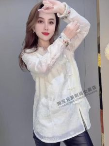 New Chinese Style Sweet Lace Base Shirt Womens Fashionable Embroidery Patchwork Heavy Bead Button Shirt Spring Autumn Trendy