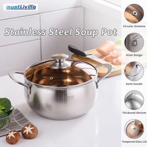JustLiving 24CM Thickened 201 Stainless Steel Pot Induction Cooker Soup Pot Double Ear Kitchen Pot Drum-shaped Boiler Large Capacity Kitchenware Gas Universal with Glass Lid