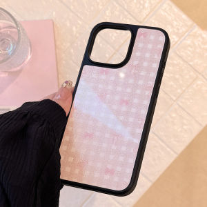 Korea Black Frame Pink Bowknot Grid Pattern Glitter Phone Case For iPhone 16 15 14 12 13 Pro Max Anti-Drop Protective Hard Cover