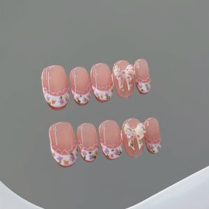 10pcs Handmade สั้นรอบกดบนเล็บฤดูร้อนดอกไม้ขนาดเล็กตกแต่งเล็บปลอมเคล็ดลับสวมใส่ Reusable INS สีชมพูภาษาฝรั่งเศสคําเล็บปลอม