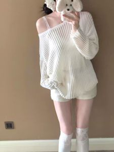 Áo Len Dệt Kim Hở Vai Rộng Rãi Phong Cách Hàn Quốc Mùa Hè 2025 Áo Khoác Ngoài Thường Ngày Dài Tay Màu Trơn Không Có Nút Cài