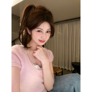 GA Yingcai Cream Puff Knitted Short Sleeve U-Neck T-Shirt/pleated Skirt Elegant Versatile Gentle White Waist-Cinching Womens Fashion