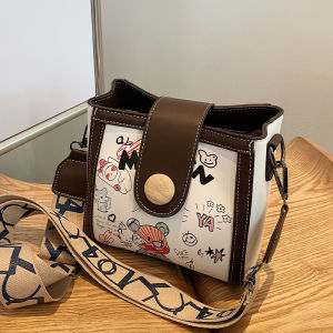 Spring Summer Womens Bucket Bag Graffiti Wide Strap Fashionable Crossbody Soft PU Leather Magnetic Buckle Closure Casual Handbag