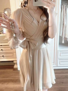 XZY Gentle Early Summer Short Dress Womens plus Size Bow Tie Sleeveless V-neck A-line Skirt Polyester Fiber Casual Wear