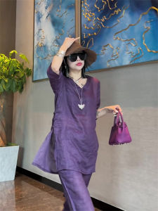 Fashionable Versatile Womens Summer 2024 V-neck Loose Slimming T-shirt Casual Pants Two-piece Set Popular Trendy Outfit