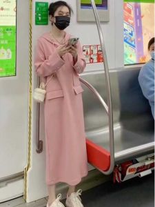 Large Size 300 Pounds Pink Hooded Long Over-Knee Sweatshirt Dress Womens Korean Fashion Anti-Aging Long Sleeve Dress