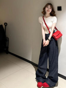 Quần Jeans Denim Xanh Đậm Ống Rộng Cạp Cao Cho Nữ Quần Dài Thường Ngày Thời Trang Đường Phố Mỹ Quần Dài Cho Người Cao 175 Cm