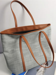 Large Capacity Canvas Tote Bag Thickened Linen Handbag Commuter Lazy Style Spliced Color Contrast Fashionable Shoulder Bag