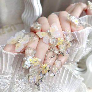 【With Glue】Female Mid-length Fake Nail Fairy Butterfly Flower Artificial Nail for Women and Girl Party Activity