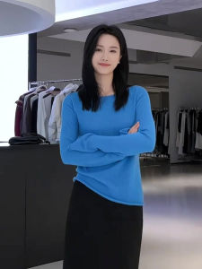 Blue round Neck Cuffed Long Sleeve Womens Knitted Sweater Autumn Winter Slim Fit Inner Wear Base Layer Knitwear Top