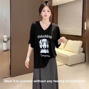 BINKAFENNY | Plus Size Womens Black Round Neck Printed Short Sleeve T-Shirt Casual Loose Summer Top Cover Up Versatile Commute Style