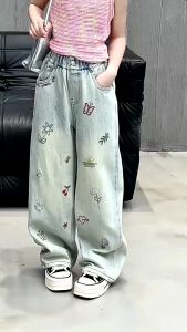 New Jeans Summer Kids Girls Jeans Flower Jeans 6-17yrs Wide Leg Butterfly Embroidery Trousers Loose Jeans Straight Leg Denim Jeans for Kids Girls