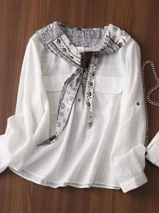 Early Autumn 2025 round Neck Printed Belted Silk Scarf Design Long Sleeve Womens Shirt Korean Style Loose Fit Breathable