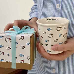 Cute Cat Eating Fish Ceramic Cup Gift