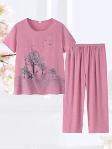 ชุดสองชิ้นลำลองแขนสั้นคอตัดมนสำหรับผู้หญิงวัยกลางคนและผู้สูงอายุ ชุดฤดูร้อนใหม่ปี 2025 ลายพิมพ์ดอกไม้