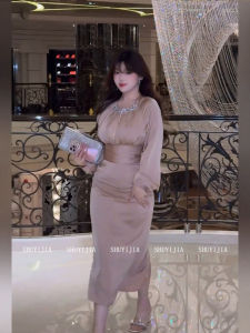 Syj Shuyijia French Elegant Heavy Embellished Diamond Dress Women Pure Desire Waist Cinching Bodycon Skirt Commute Style