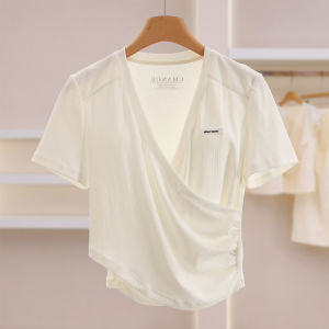Slim Pleated V-Neck Solid Short Sleeve T-Shirt