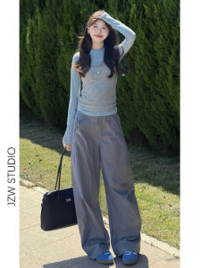Gray High Waist Wide Leg Casual Pants Womens Spring Summer Loose Slimming Drapey Straight Floor-Length Korean Style