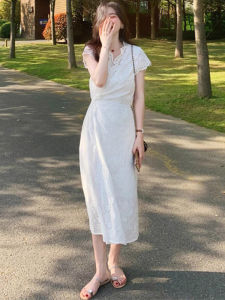 Elegant White Hollow out Long Dress Simple Waist-Cinching Slimming French Gentle Style Womens Clothing Summer 2025