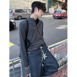 Loose Fit Long Sleeve T-Shirt Mens CleanFit American Retro Henry Collar Texture Sensation Inner Wear Casual Comfortable Top