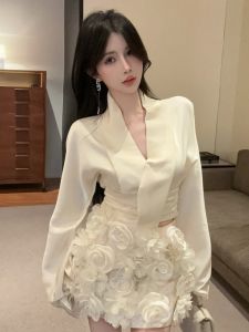 GUZILIAN | Elegant Satin Short Skirt Set Womens Long Sleeve Pleated A-Line Mini Dress Winter Commute Korean Style GZL20265930