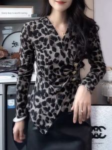 QINGNAER | Leopard Pattern V-Neck Slimming Irregular Oversized Ladies Blouse Fall