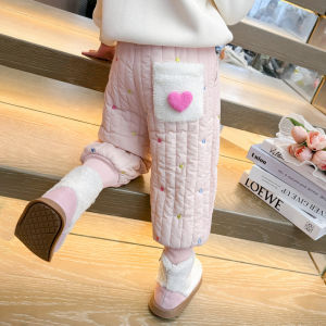 กางเกงผ้าฝ้ายบุขนแกะทรงหัวใจสำหรับเด็กผู้หญิง กางเกงขายาวทรงหลวมสบาย ๆ แฟชั่นฤดูหนาว กางเกงขายาวหนาสำหรับเด็กผู้หญิง