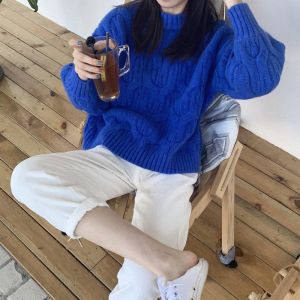 Loose Womens Knitted Sweater Klein Blue Casual Comfortable Long Sleeve round Neck Gem Blue Top Lazy Style Fashionable Winter