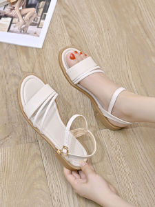 Summer 2025 Womens Roman Style Comfortable Low Heel Flat Bottom Sandals Soft Sole Fairy Thin Strap French Evening Breeze
