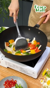 Chảo thép Titan ECOCO không tráng phủ 32cm cao cấpchống dính vật lý Chảo Titan tròn cán gỗ chuyên dụng xào nấu nhà bếp