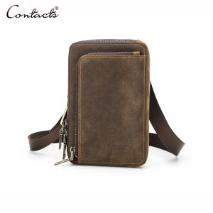 CONTACTS Crazy Horse Leather Casual Crossbody Bag for Men Waist Pack Male Fanny Belt Bag Small Phone Pocket Shoulder Bags