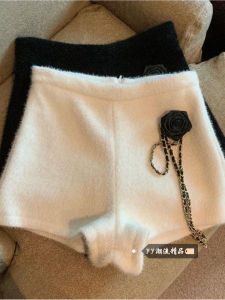 White Furry High Waist Wide Leg Pants Womens Outerwear Winter Slimming A-Line Shorts Trendy Bootleg Fleece Lined Trousers