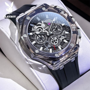 PLAYBOY Automatic Skeleton Watch | Black Ion-Plated Chronograph with Silicone Band | Transparent Open-Heart Design for Men & Women