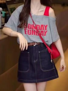 Shalldoer | Fashionable Anti-Aging Printed Asymmetrical Shoulder Short Sleeve T-Shirt Womens Summer Casual Loose Shoulder Baring Top