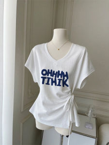 2025 Summer Squeaky Letter Print V Neck Short Sleeve Tie Dyed Striping Top Slimming Half Sleeve Womens T Shirt Commuter Style