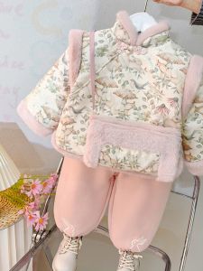 ผ้าขนแกะ เรียงราย ฤดูหนาว ชุดสําหรับเด็กผู้หญิงหนึ่งปีวันเกิดปาร์ตี้ปีใหม่เสื้อผ้า ชุดฮั่นฝู ชุดสองชิ้น หลากหลาย