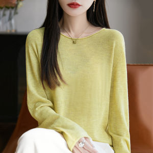 Premium Spun Wool Knitted Sweater Womens Loose Fit Thin round Neck Pure Color Base Layer Top Casual Style Long Sleeve
