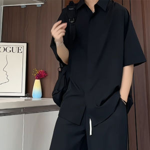 Summer Lightweight Business Set Mens Outfit Thin Ice Silk Shirt with Trousers 2 Pieces