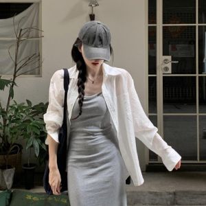 VKSOD | Korean Lazy Style Womens White Shirt Jacket Set Summer New Grey Strap Dress Two-Piece Suit Long Sleeve Polo Collar Buttoned