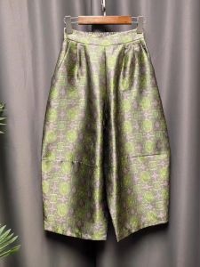 High Waist Casual Wide Leg Pants Womens Embroidered Ethnic Style Seven Tenths Trousers Slimming Hip Large Thigh Pear Shape