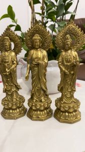 Bộ tượng tam thánh đứng bằng đồng có hào quang cao 25cm nặng 28kg