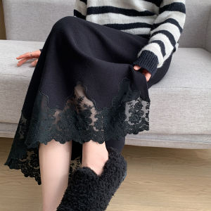 French Lace Trim Half Skirt Knitted Asymmetrical High Waist A-Line Split for Women Medium Length Wrap Body Skirt Tawny