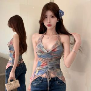 GUZILIAN | Design Sensation Tie Dye Rope Halter Sleeveless Slim Fit Short Vest Womens American Hot Girl Niche Top Can Be Worn Outside