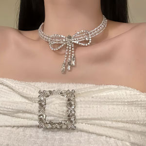 Elegant Original Butterfly Knot Tassel Necklace with Sparkling Diamonds Vintage Girl Style Adult Neck Chain Silver Color