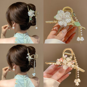 Vintage Hanfu Tassel Claws Hair Clip Women 2025 New Flower Pearl Rhinestone Shark Hair Clip Elegant Women Hair Claws Headwear